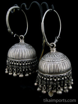 Antique Afghani Silver Hoop With Bell Earrings