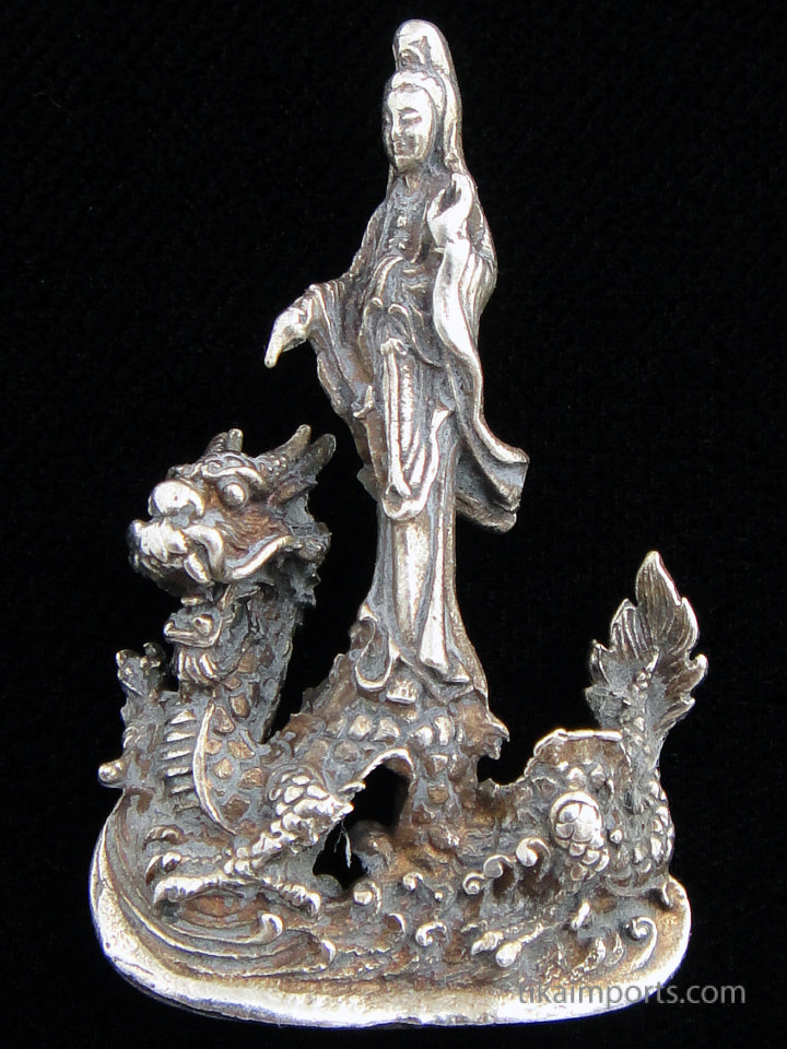 Brass Deity Statuette- Small -Quan Yin on Dragon