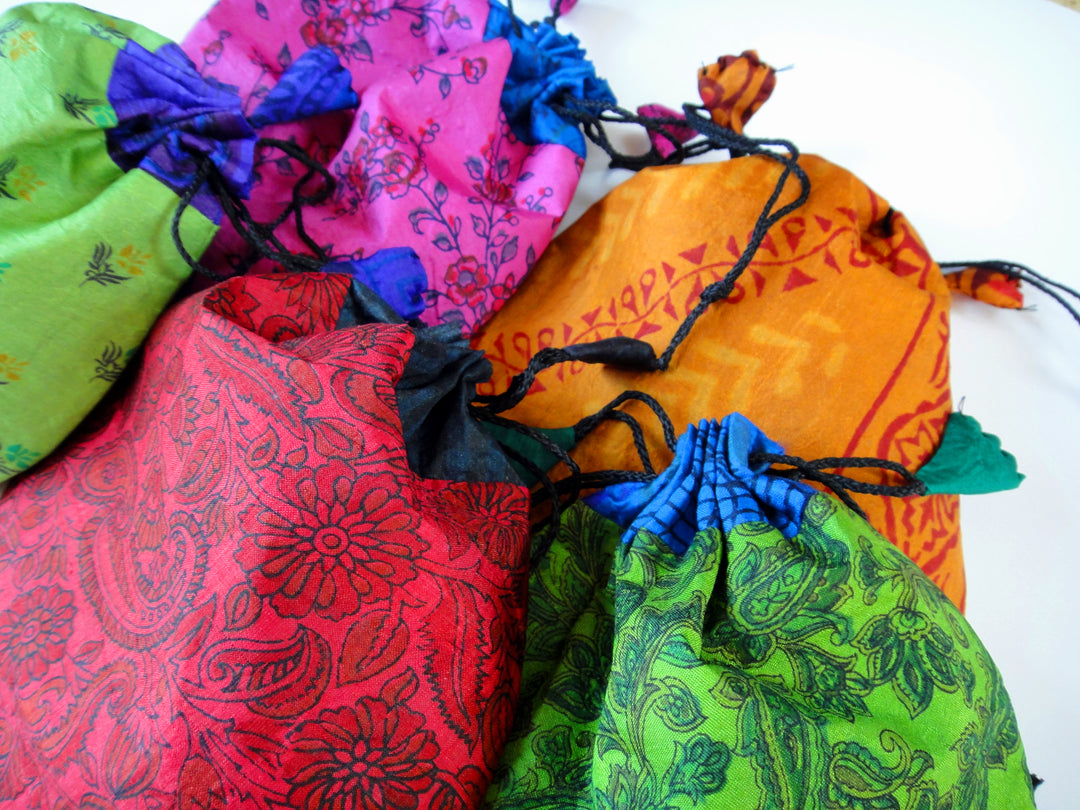 Silk Sari Drawstring Pouch- Large