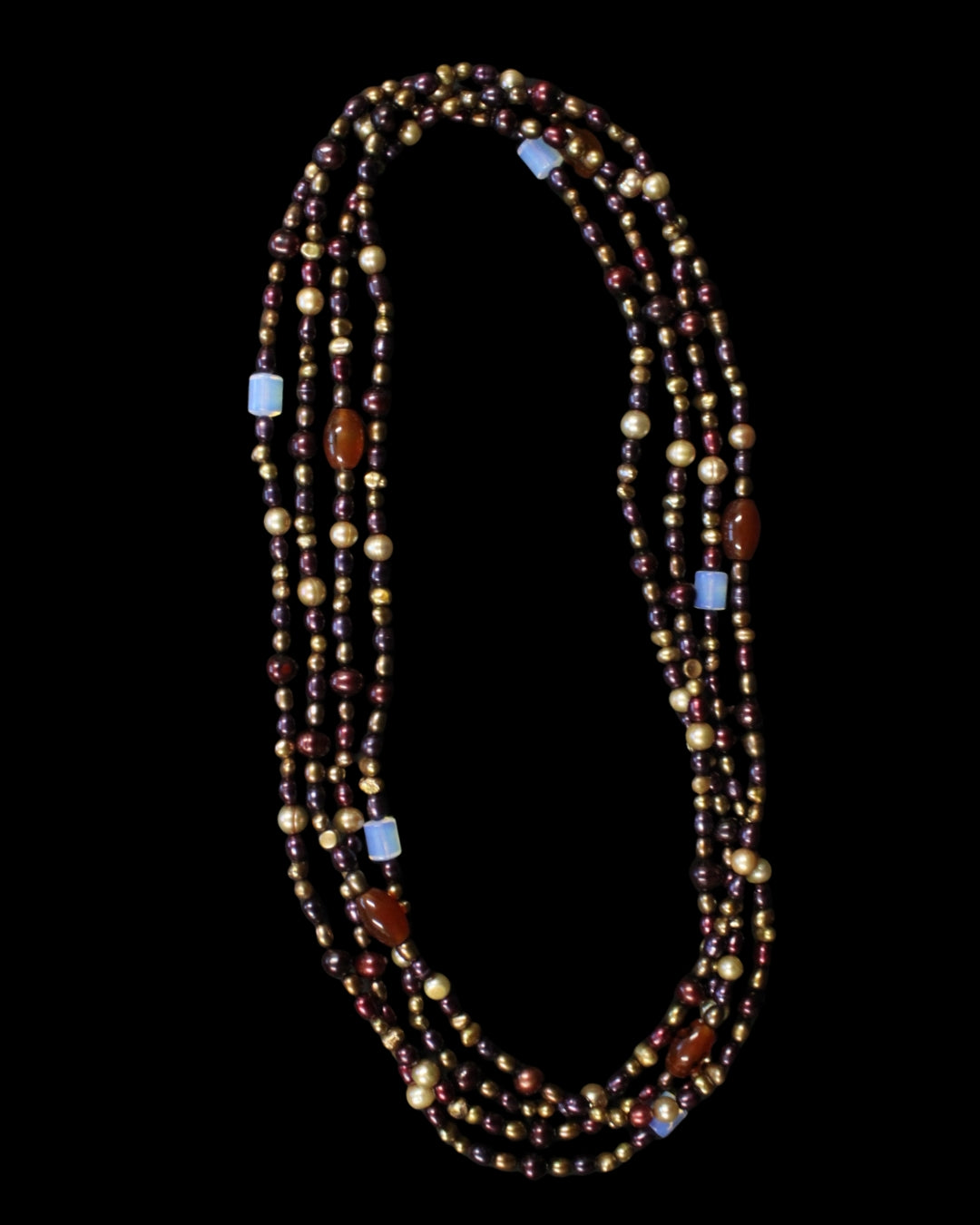 Carnelian and Opaline Glass With Golden Pearls Necklace