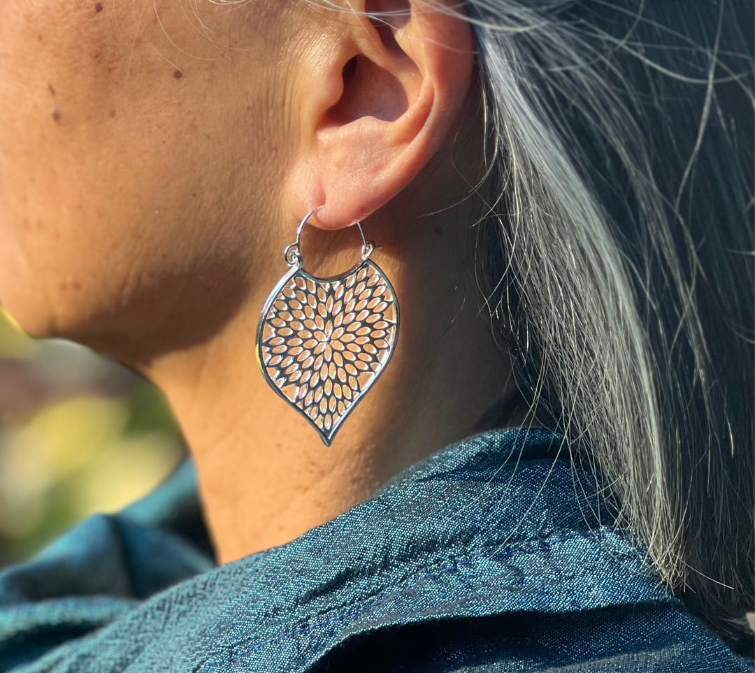 Earrings - Lightweight Brass Silver Tone Autumn Leaf