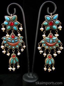 Antique Afghani Gilt Silver and Gemstone Earrings