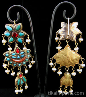 Antique Afghani Gilt Silver and Gemstone Earrings