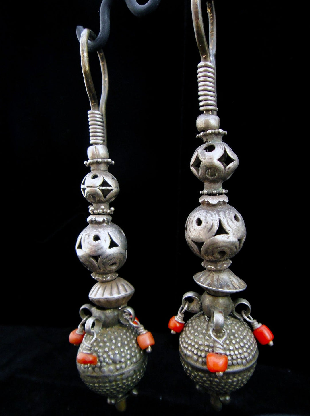 Antique Afghan Brass Earrings with orange accent beads 