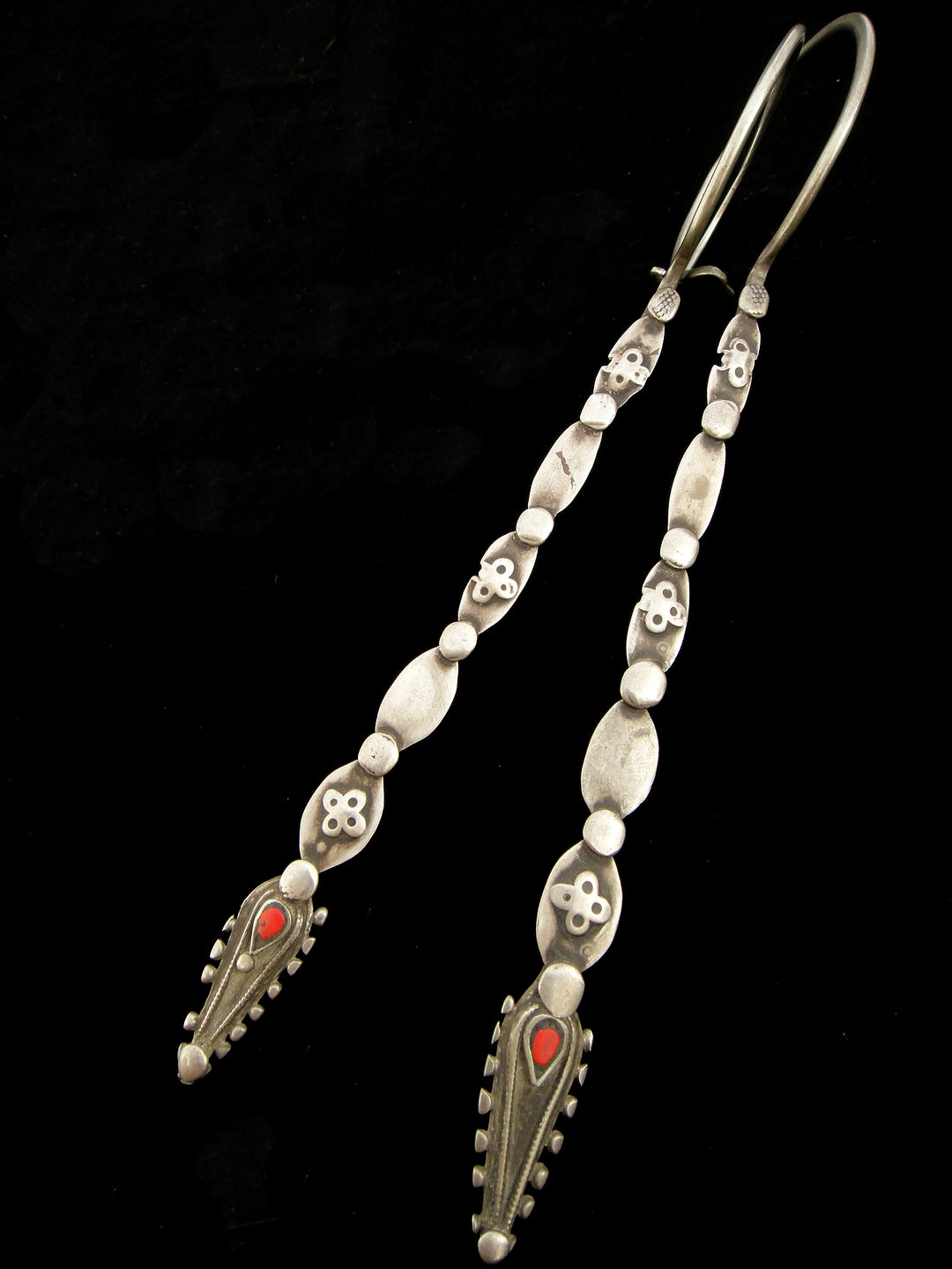 Afghani Silver Hoops with long Adornment with orange accent 